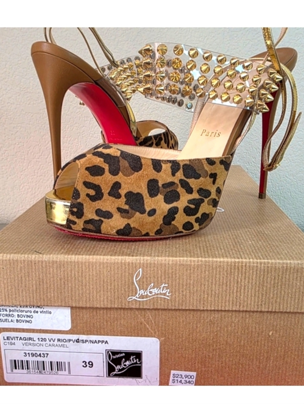 Christian Louboutin Levitagirl 120 Gold Spiked Leather Suede Leopard Heels EU39 - Picture 4 of 16